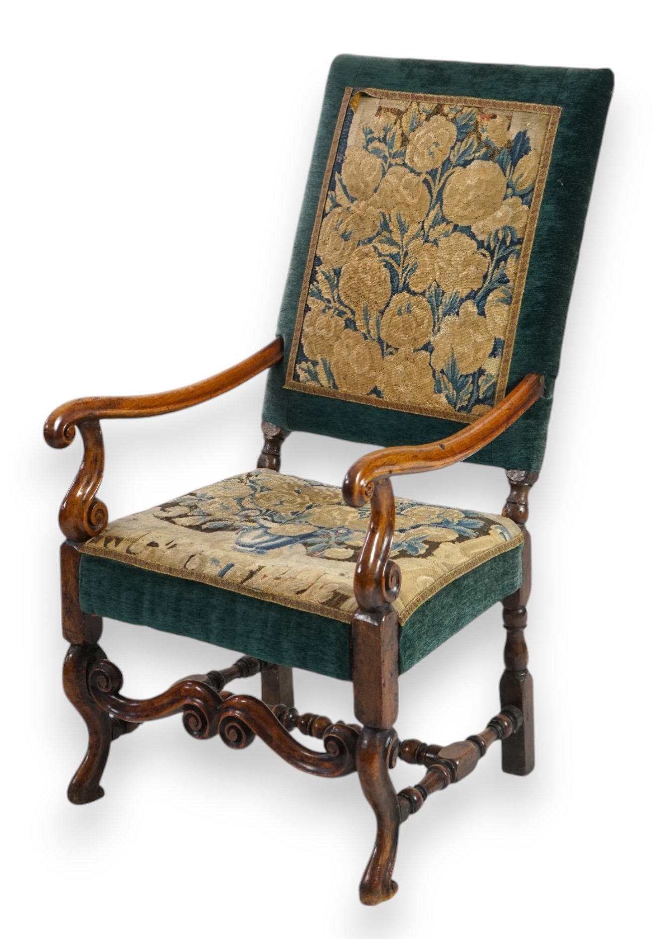 A Louis XV walnut fauteuil tapestry seated armchair